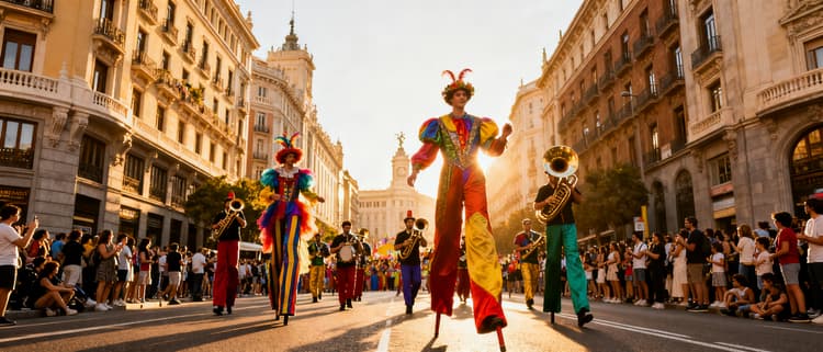 Pasacalles itinerante con zancudos y carroza de espectaculo cruzando las calles de Madrid durante las fiestas patronales