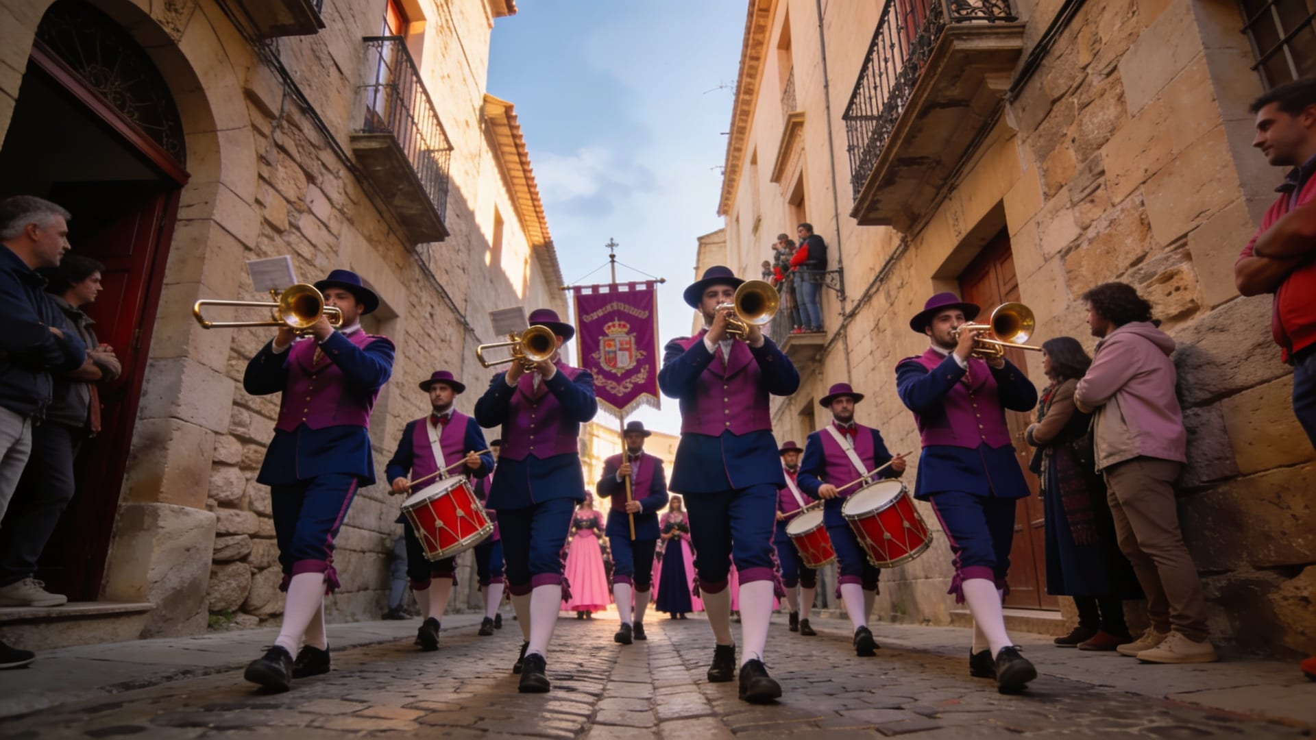 Pasacalles itinerante con artistas y público durante fiestas patronales en plaza de pueblo