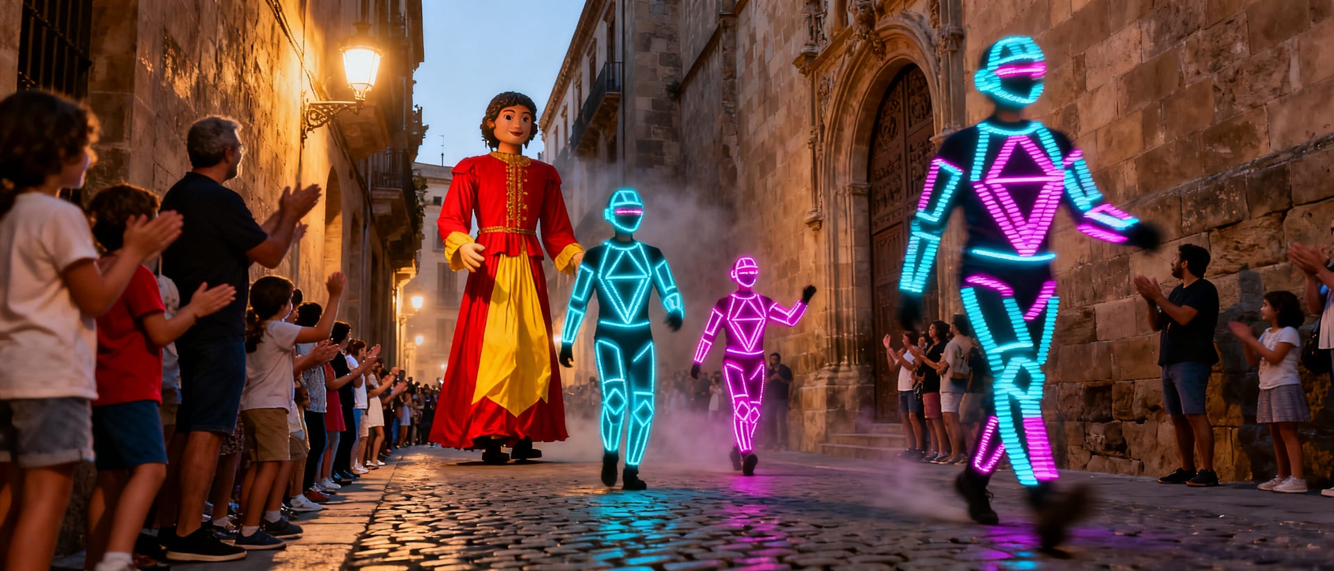 Pasacalles itinerante con zancudos y vestuario tematico recorriendo Las Ramblas durante La Mercè en Barcelona