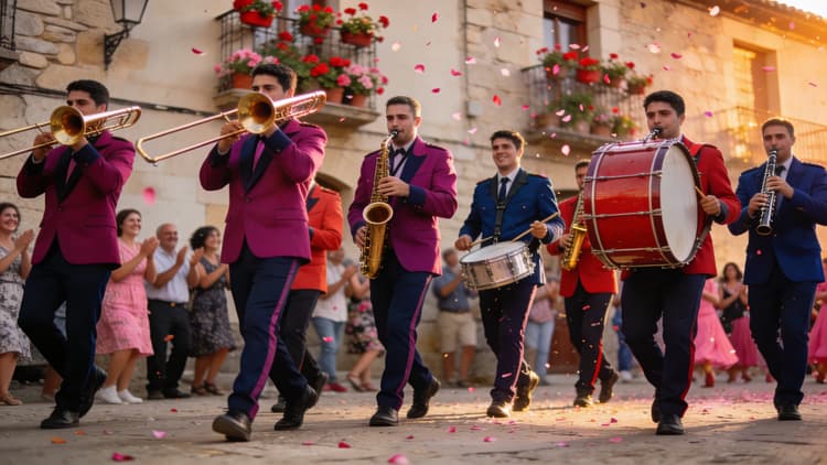 Charanga interpretando música en directo durante recorrido de fiestas mayores
